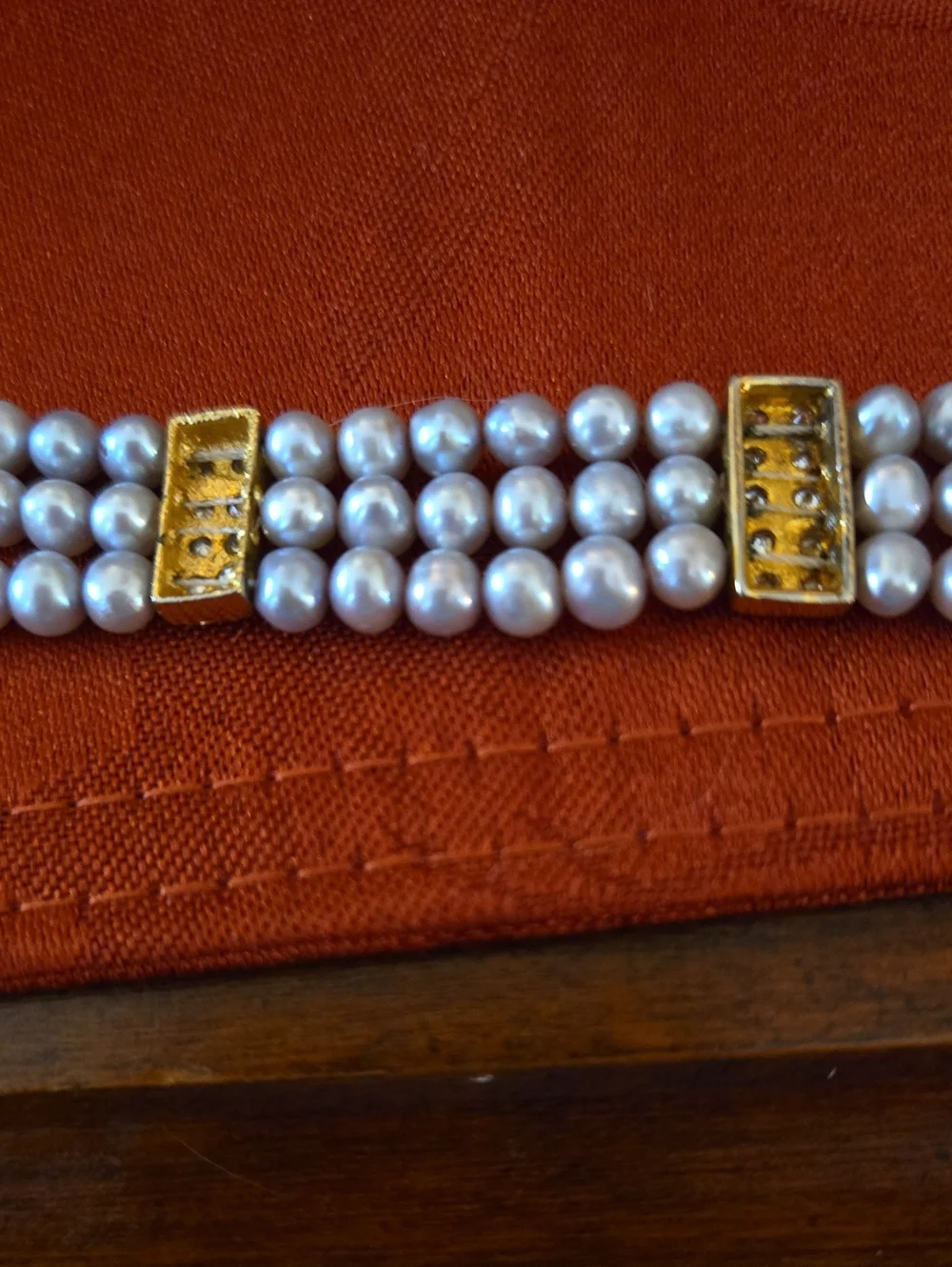 Triple-Row Pearl Bracelet with Gold Crystal Accents